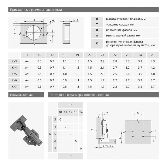 Большое фото товара - 3D Петля ПРЕСТО полунакладная с доводчиком Н=0, 044409, 00-00005791_00-00005797. Вариант №2